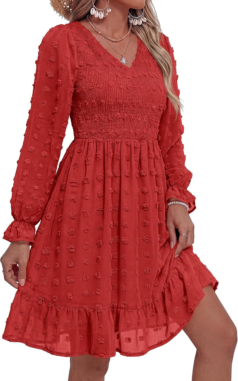 image:imageBTFBM Womens Swiss Dot Flowy Long Sleeve DressRed