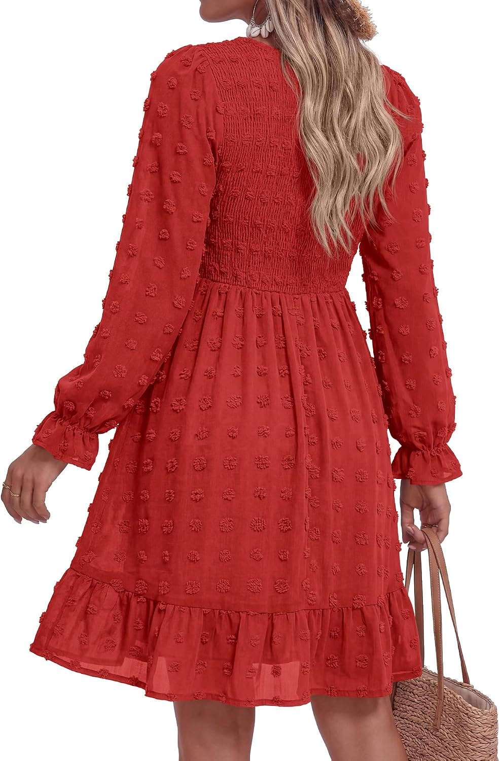 image:imageBTFBM Womens Swiss Dot Flowy Long Sleeve DressRed