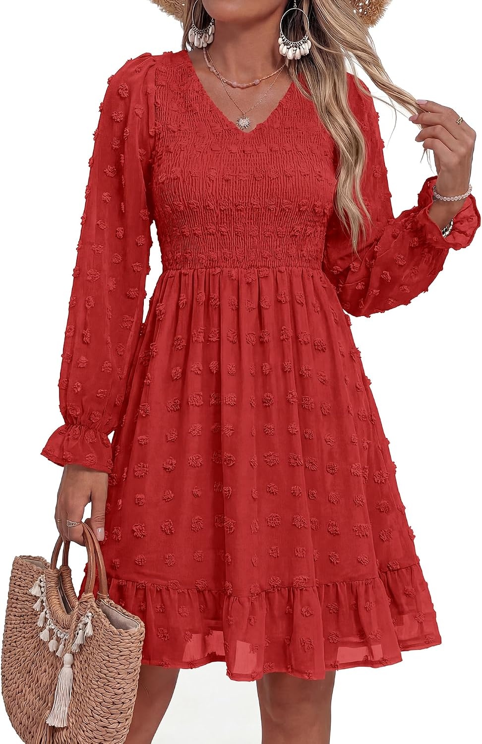 image:imageBTFBM Womens Swiss Dot Flowy Long Sleeve DressRed