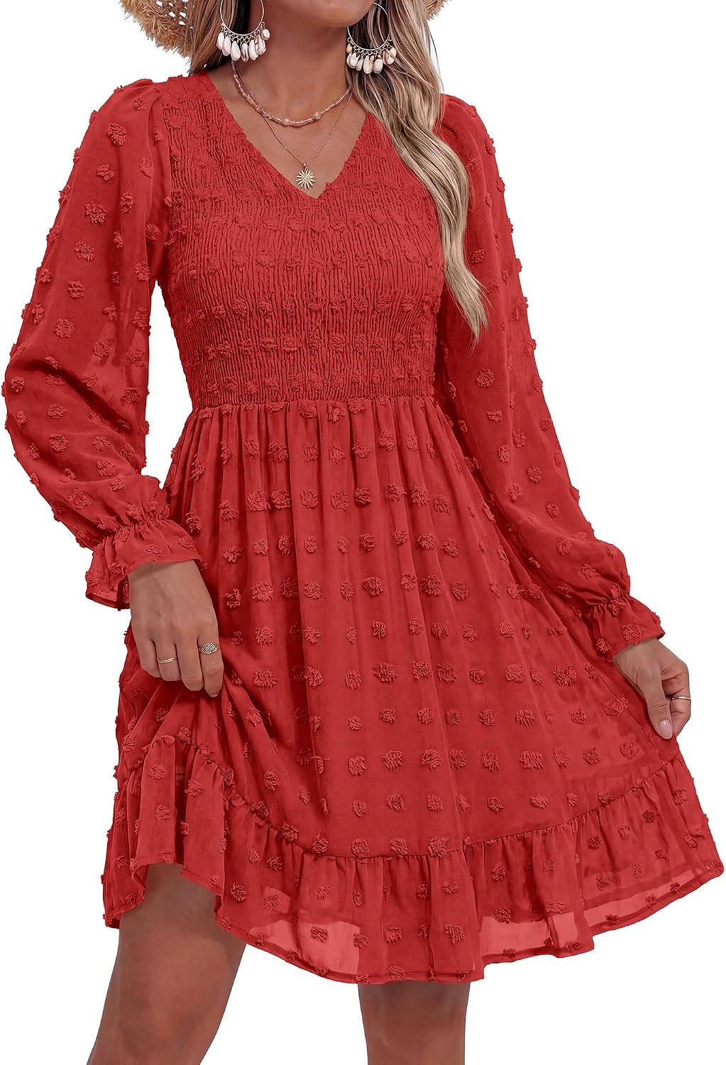 image:imageBTFBM Womens Swiss Dot Flowy Long Sleeve DressRed