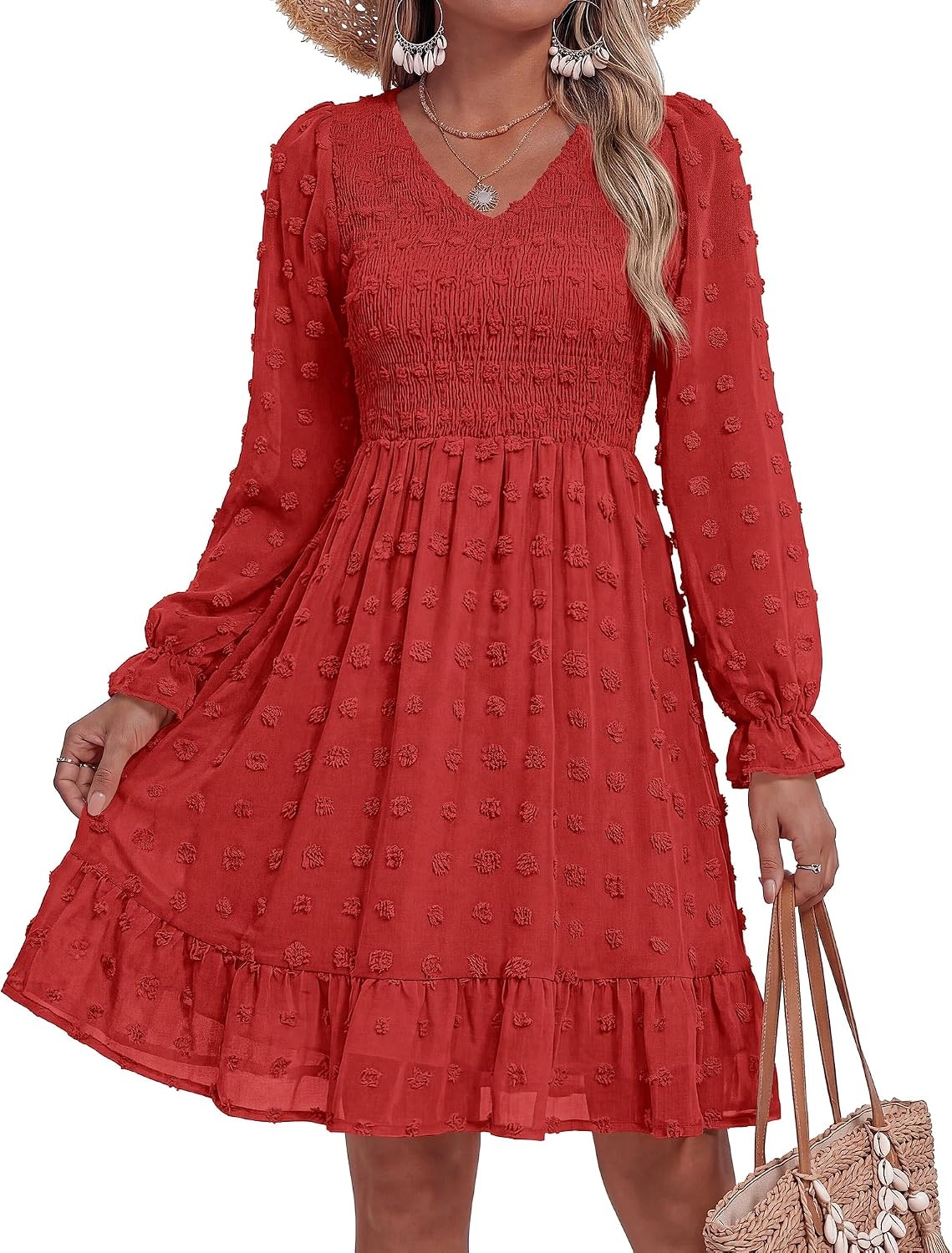 image:imageBTFBM Womens Swiss Dot Flowy Long Sleeve DressRed