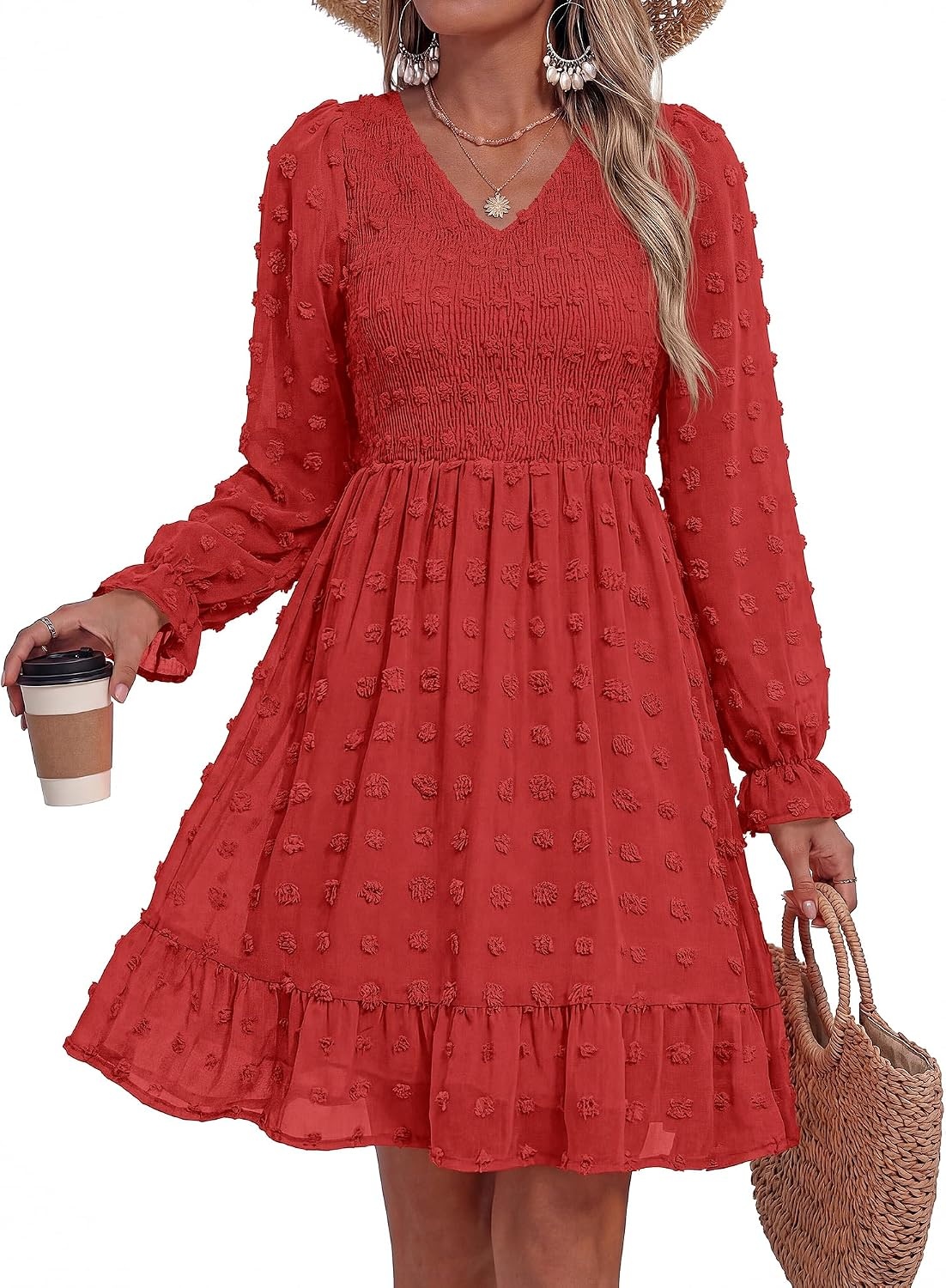 image:imageBTFBM Womens Swiss Dot Flowy Long Sleeve DressRed