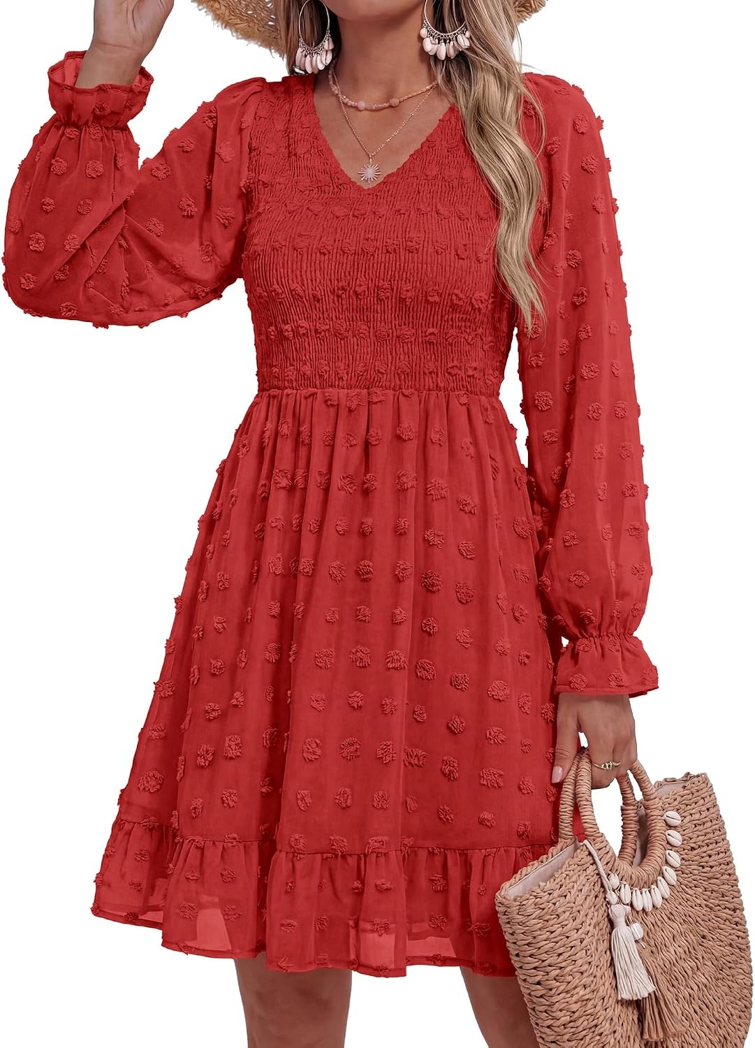 image:imageBTFBM Womens Swiss Dot Flowy Long Sleeve DressRed