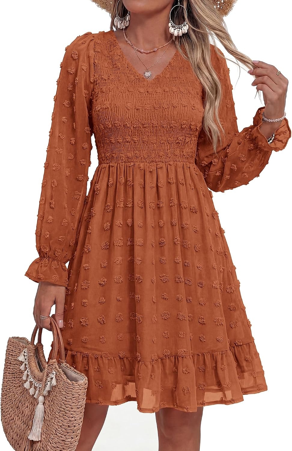 image:imageBTFBM Womens Swiss Dot Flowy Long Sleeve DressRed Brown