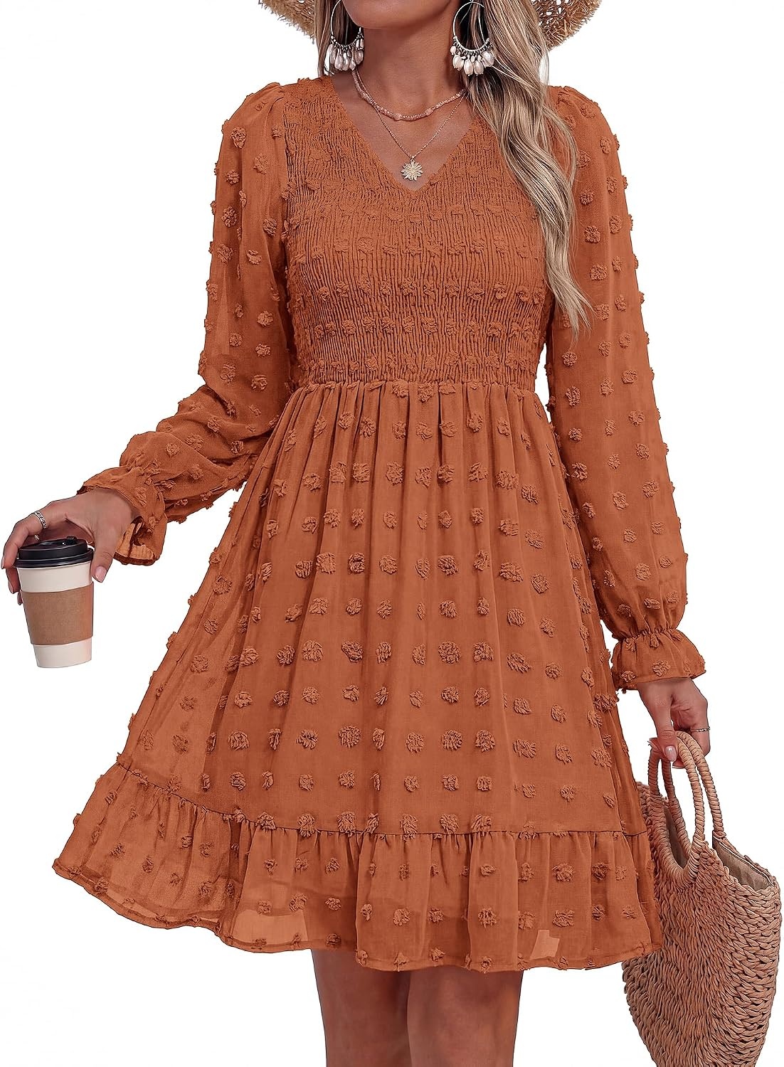 image:imageBTFBM Womens Swiss Dot Flowy Long Sleeve DressRed Brown