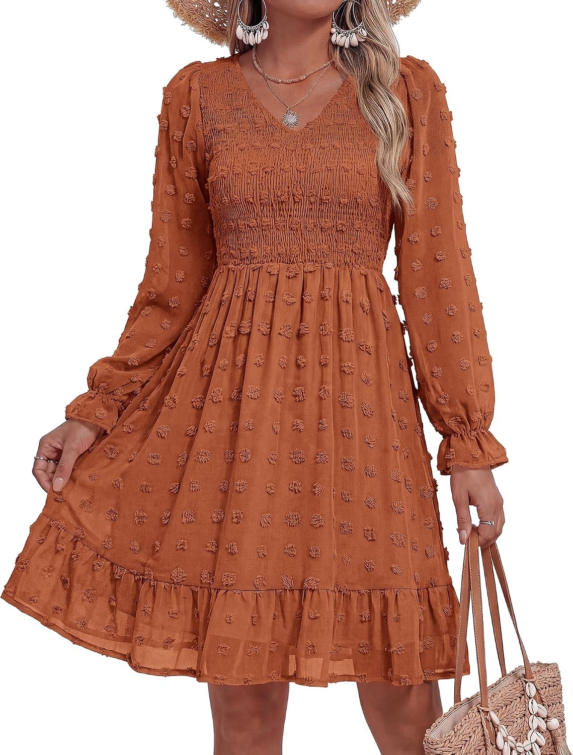 image:imageBTFBM Womens Swiss Dot Flowy Long Sleeve DressRed Brown