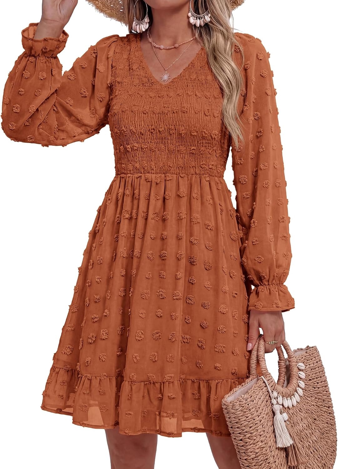 image:imageBTFBM Womens Swiss Dot Flowy Long Sleeve DressRed Brown
