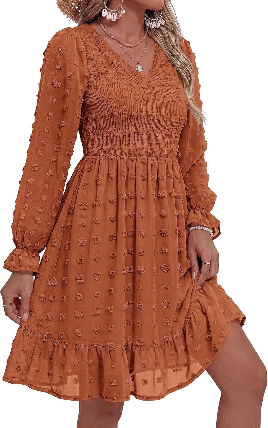image:imageBTFBM Womens Swiss Dot Flowy Long Sleeve DressRed Brown