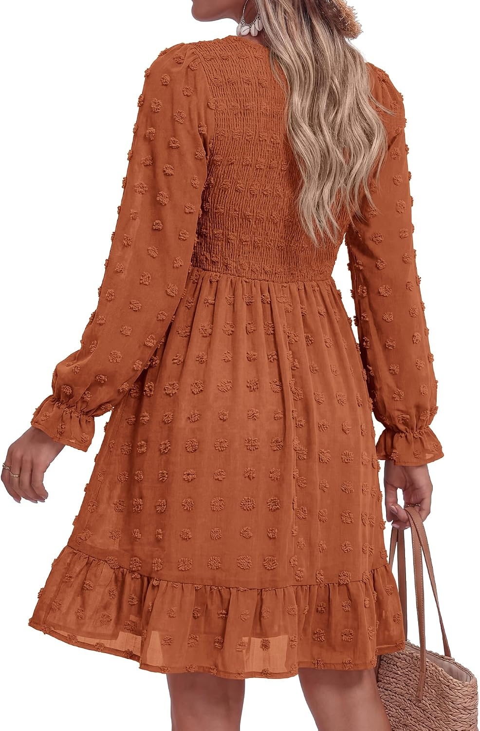 image:imageBTFBM Womens Swiss Dot Flowy Long Sleeve DressRed Brown