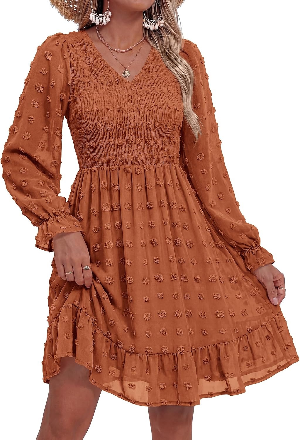 image:imageBTFBM Womens Swiss Dot Flowy Long Sleeve DressRed Brown