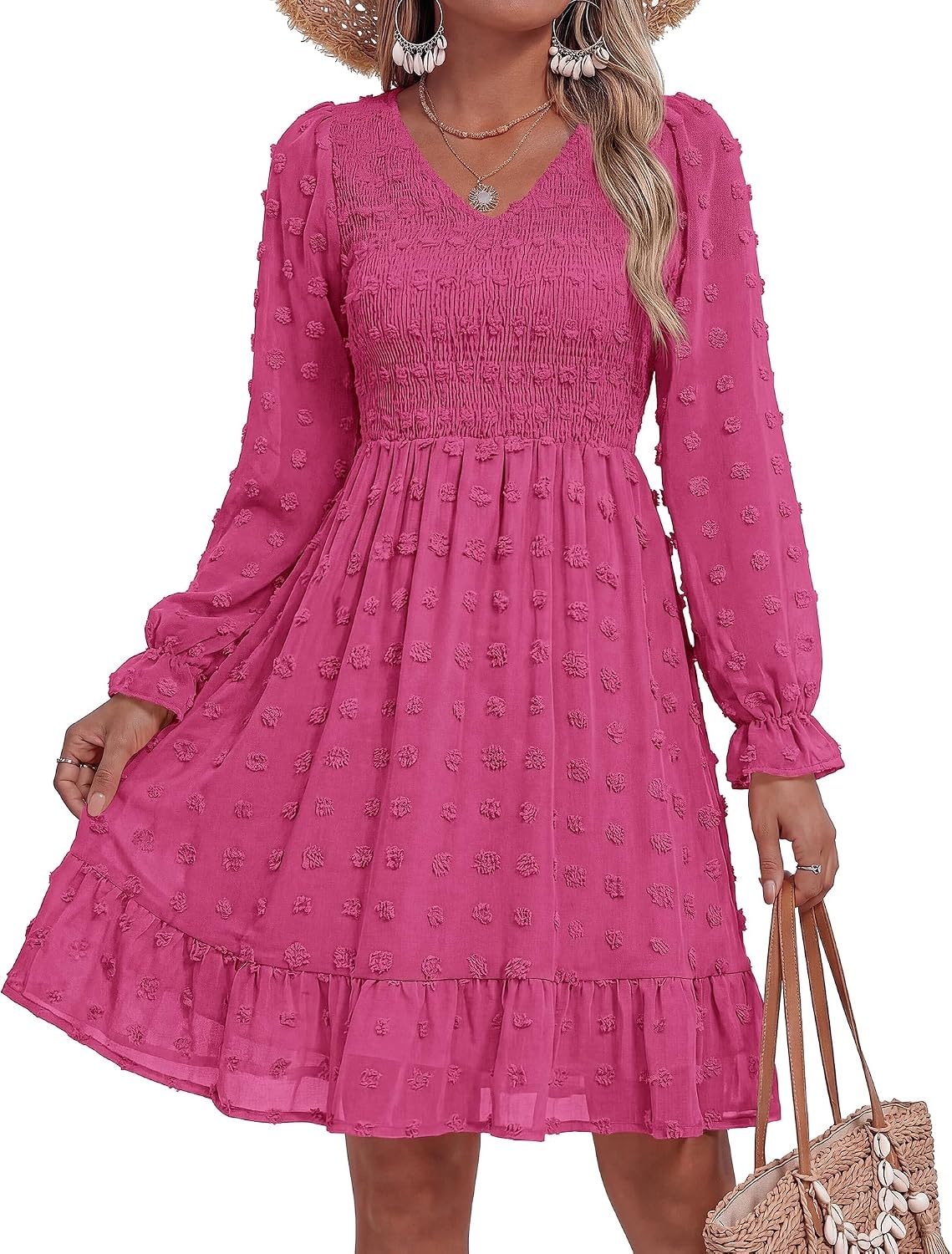 image:imageBTFBM Womens Swiss Dot Flowy Long Sleeve DressRose Red