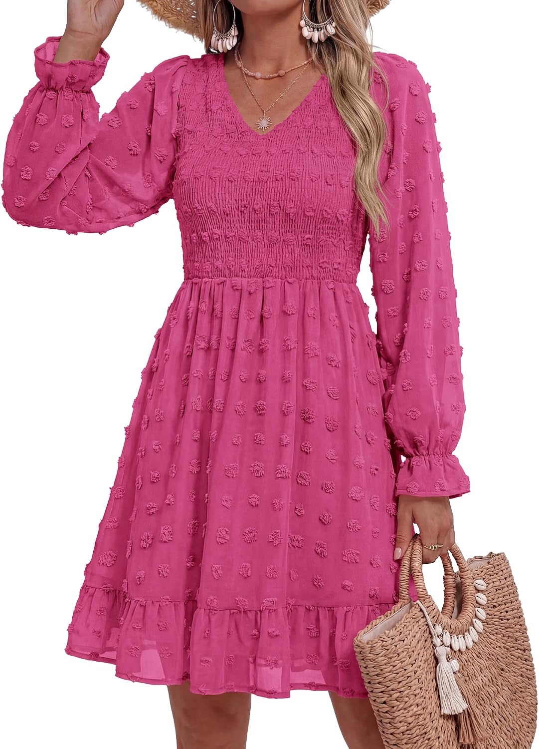 image:imageBTFBM Womens Swiss Dot Flowy Long Sleeve DressRose Red