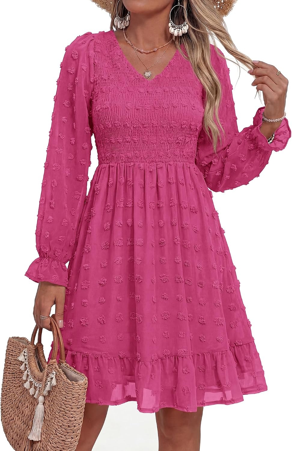 image:imageBTFBM Womens Swiss Dot Flowy Long Sleeve DressRose Red