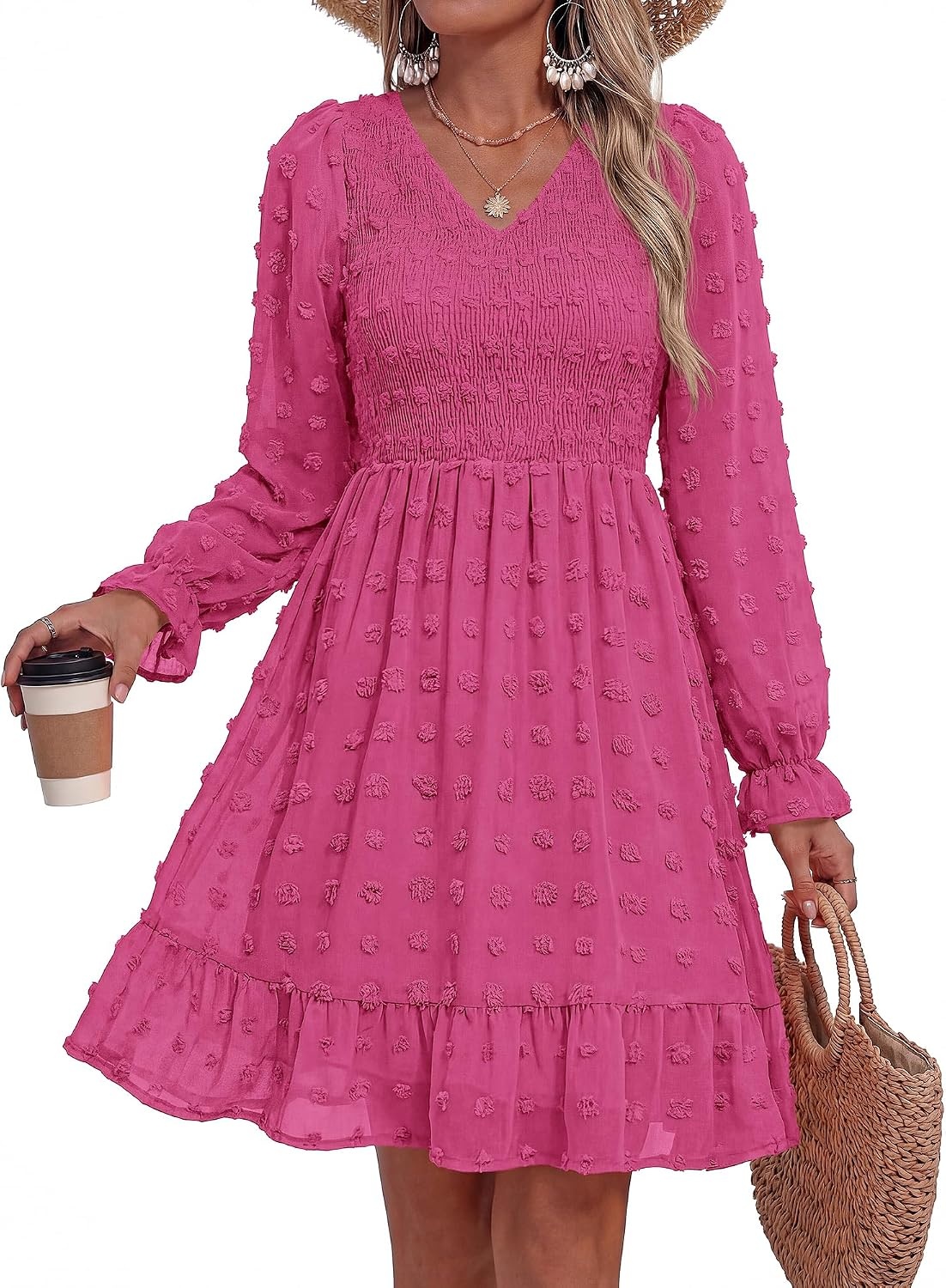 image:imageBTFBM Womens Swiss Dot Flowy Long Sleeve DressRose Red