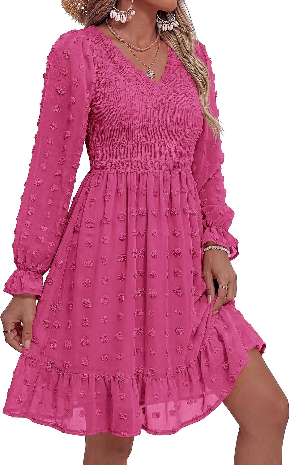 image:imageBTFBM Womens Swiss Dot Flowy Long Sleeve DressRose Red