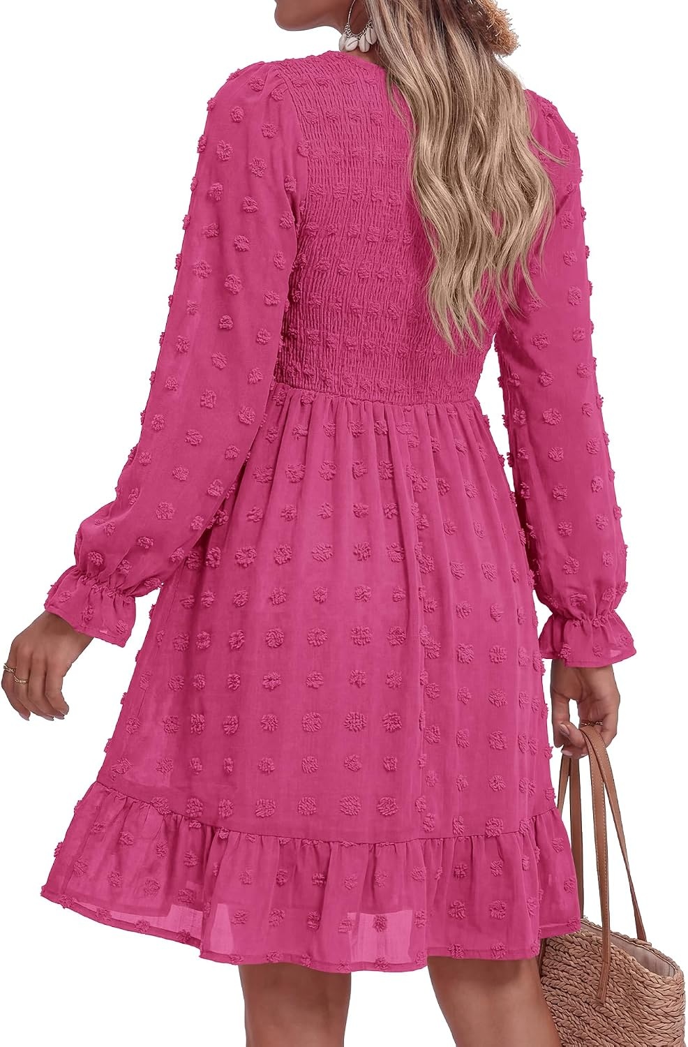 image:imageBTFBM Womens Swiss Dot Flowy Long Sleeve DressRose Red
