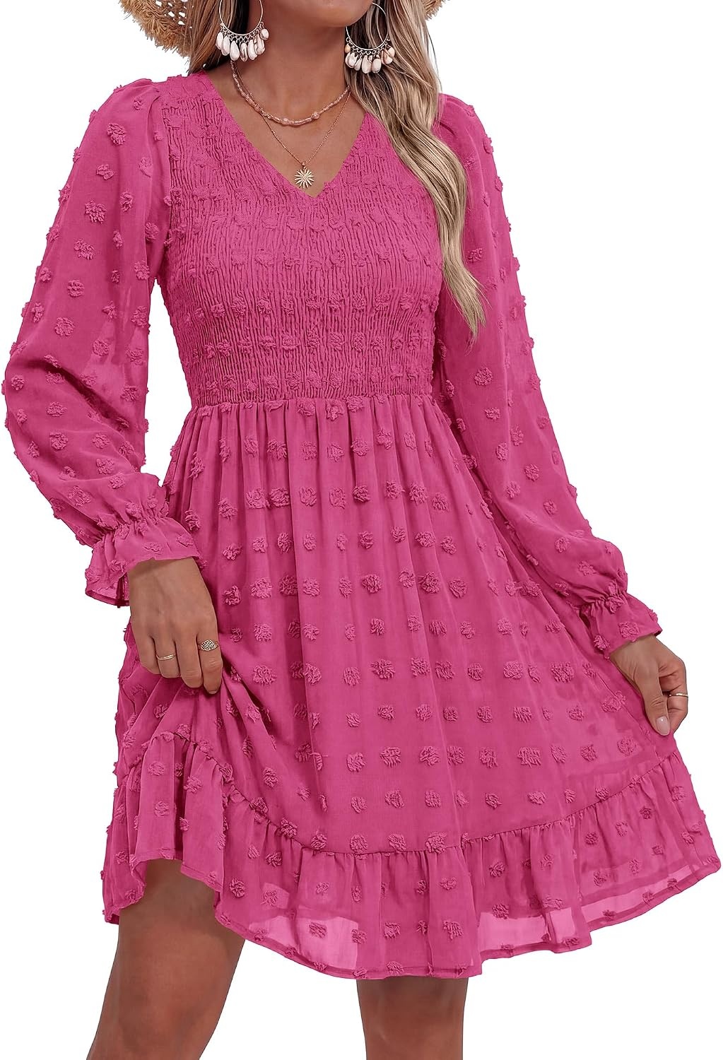 image:imageBTFBM Womens Swiss Dot Flowy Long Sleeve DressRose Red