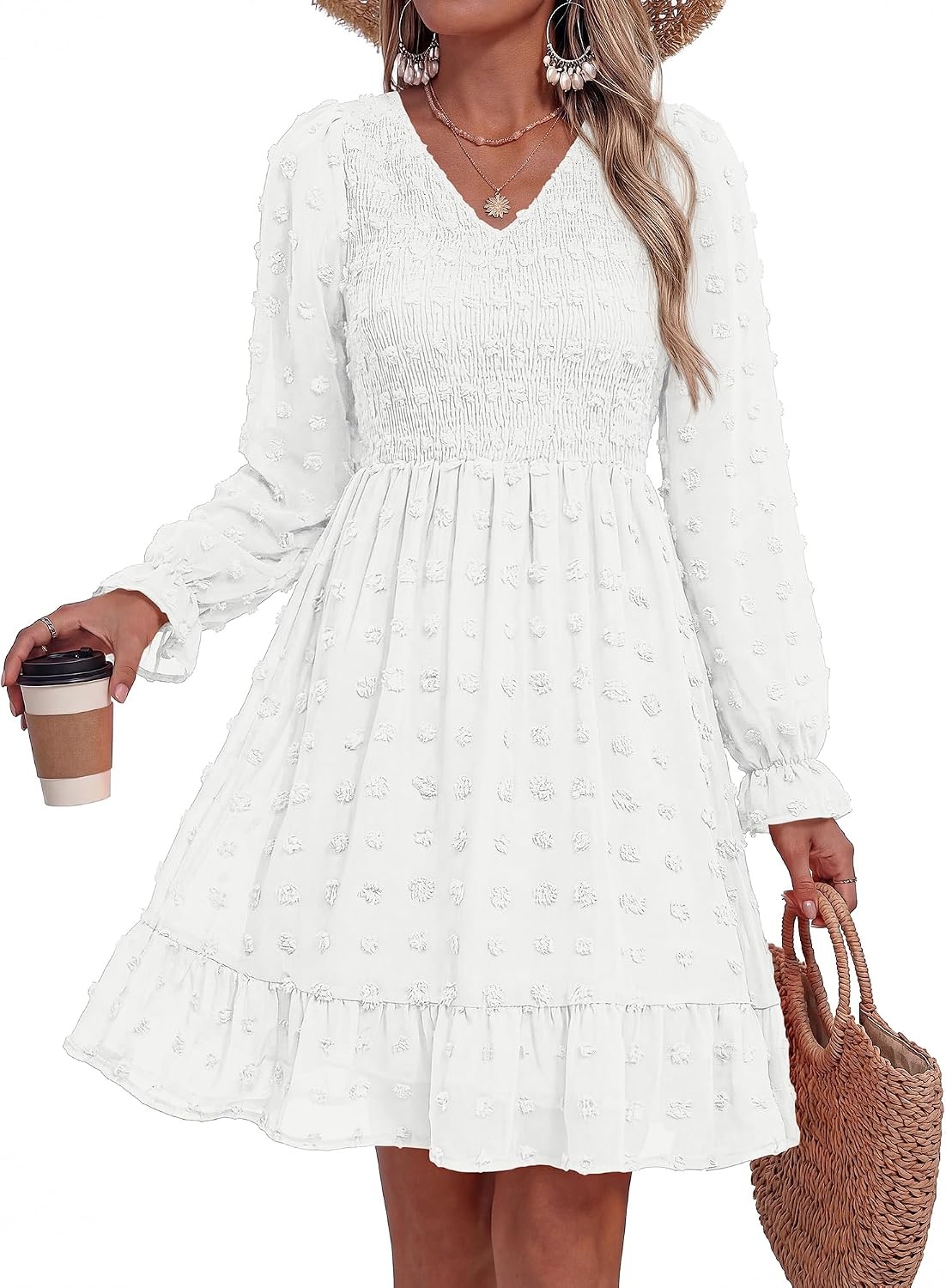 image:imageBTFBM Womens Swiss Dot Flowy Long Sleeve DressWhite