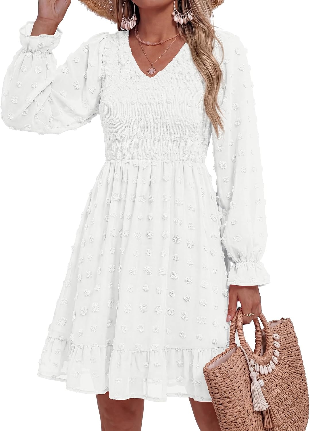 image:imageBTFBM Womens Swiss Dot Flowy Long Sleeve DressWhite