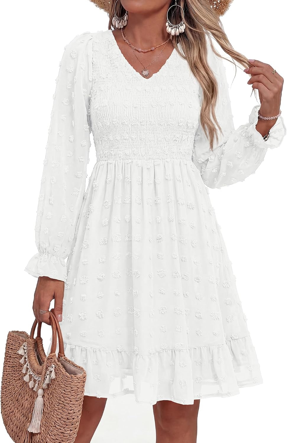 image:imageBTFBM Womens Swiss Dot Flowy Long Sleeve DressWhite