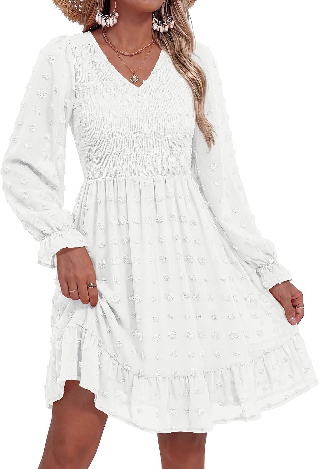 image:imageBTFBM Womens Swiss Dot Flowy Long Sleeve DressWhite