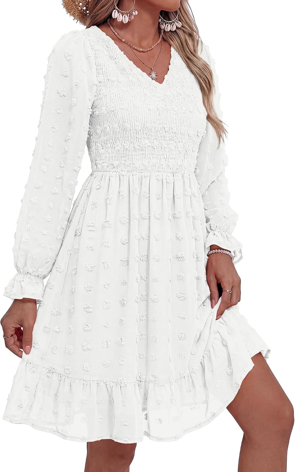 image:imageBTFBM Womens Swiss Dot Flowy Long Sleeve DressWhite