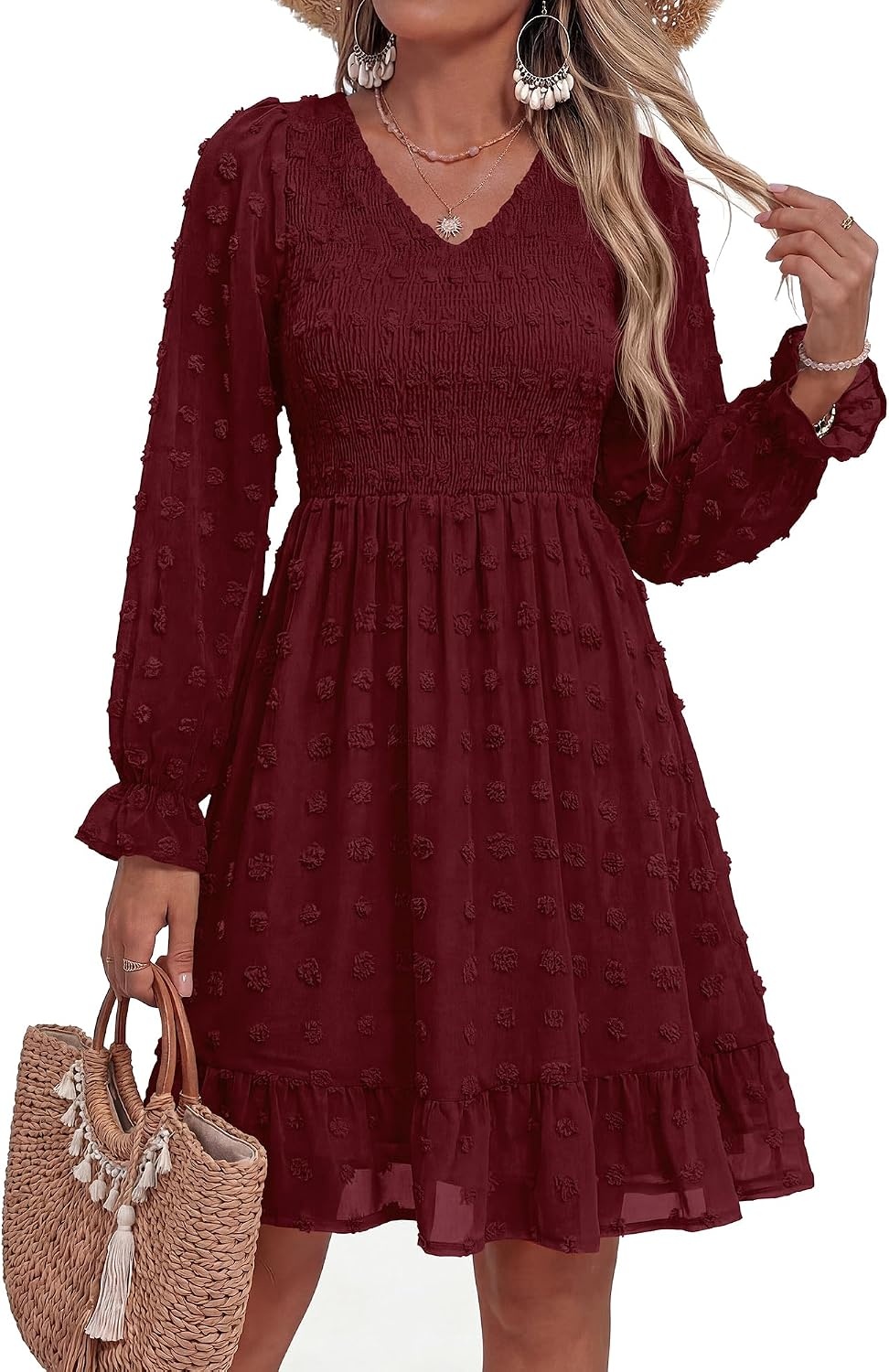 image:imageBTFBM Womens Swiss Dot Flowy Long Sleeve DressWine Red
