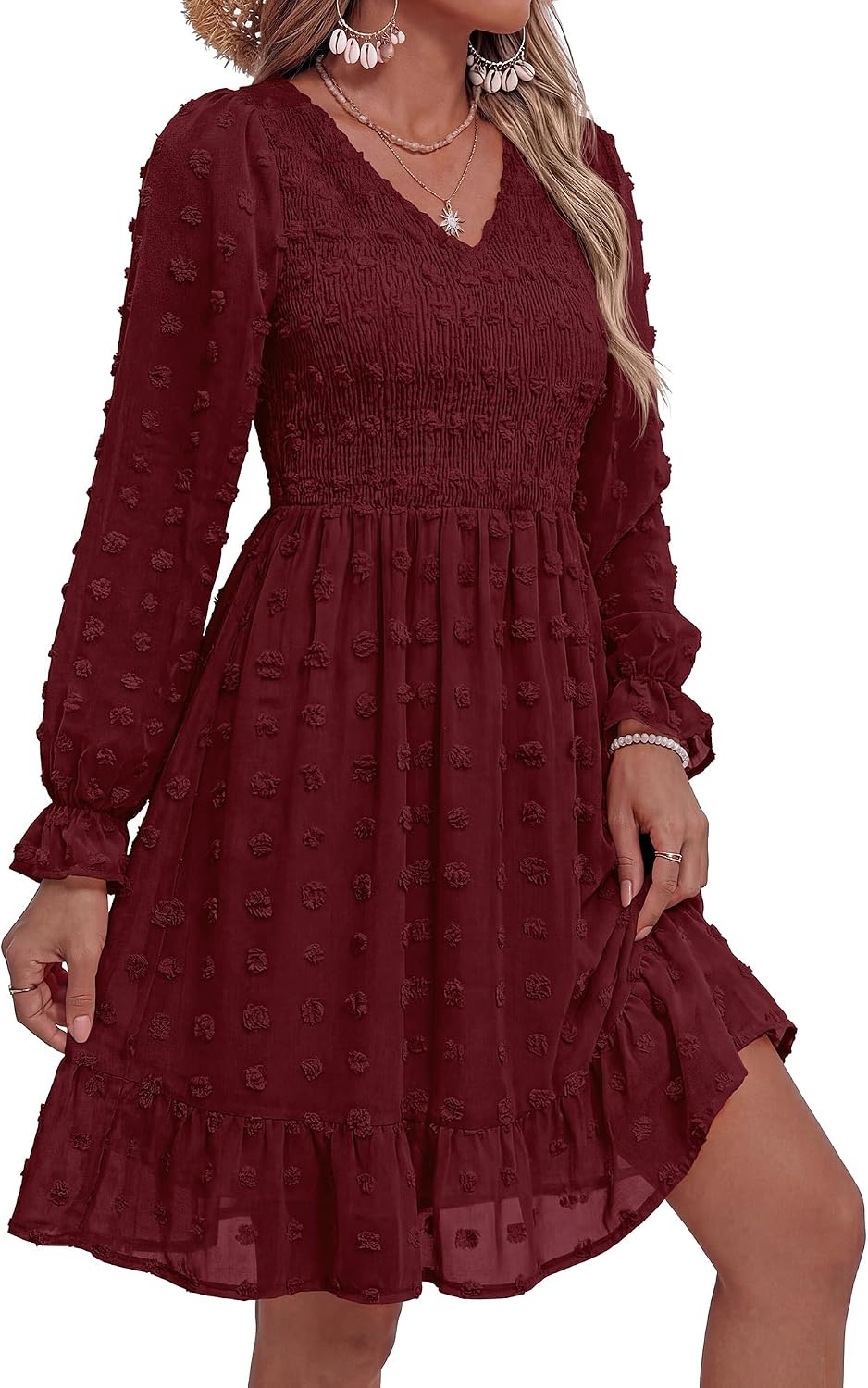 image:imageBTFBM Womens Swiss Dot Flowy Long Sleeve DressWine Red