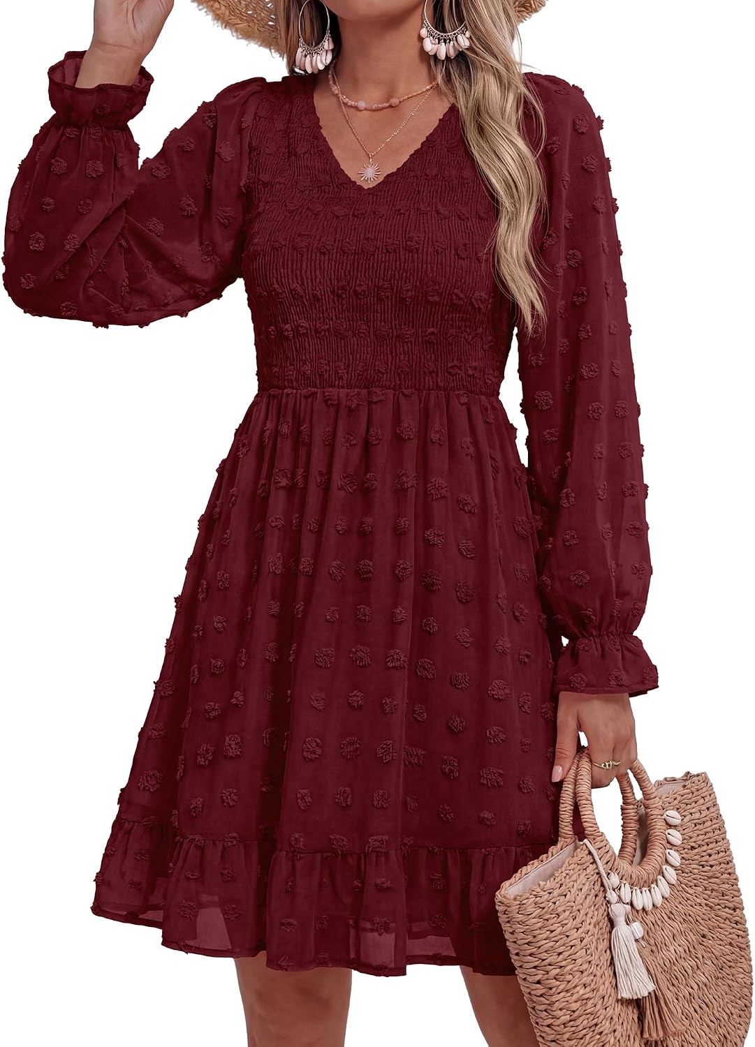 image:imageBTFBM Womens Swiss Dot Flowy Long Sleeve DressWine Red