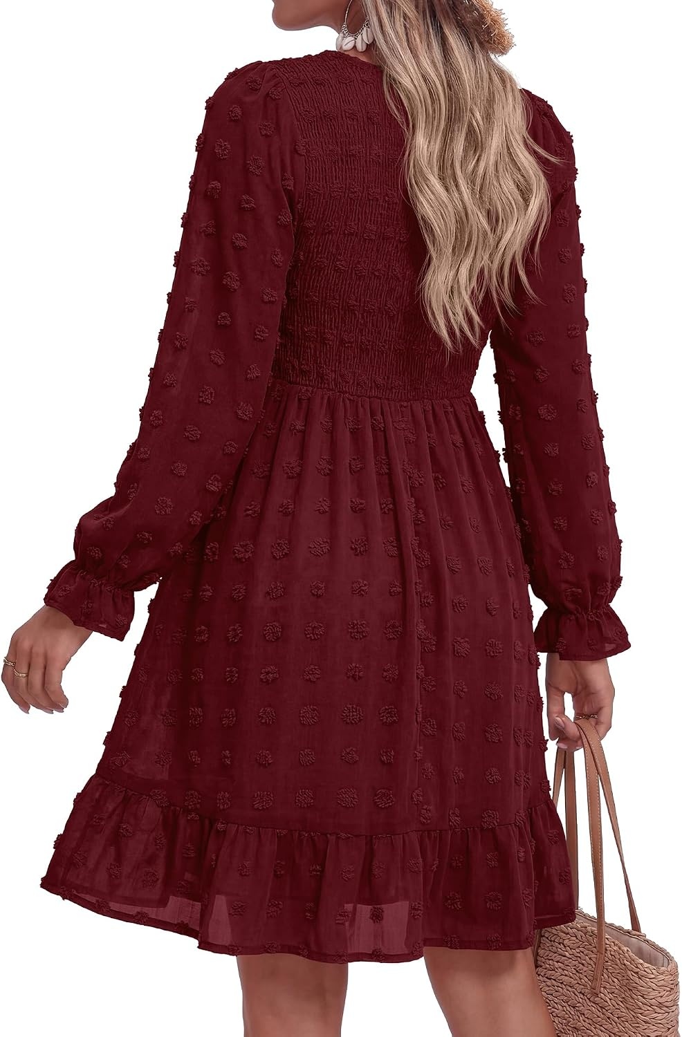 image:imageBTFBM Womens Swiss Dot Flowy Long Sleeve DressWine Red