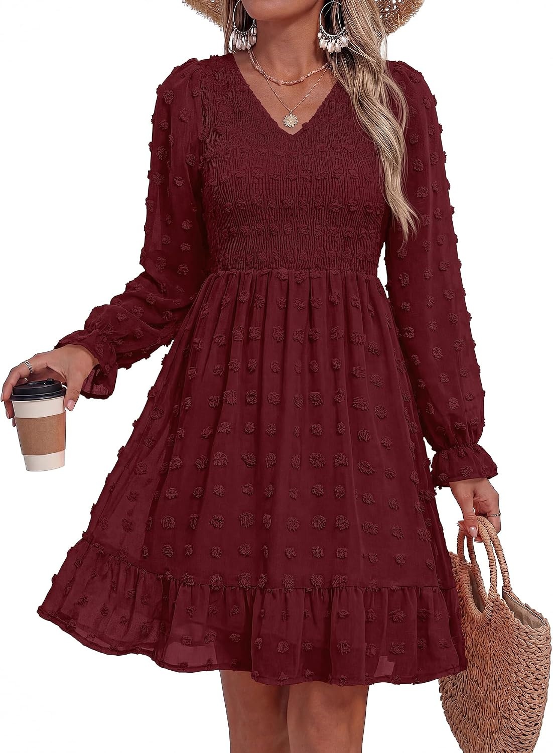 image:imageBTFBM Womens Swiss Dot Flowy Long Sleeve DressWine Red
