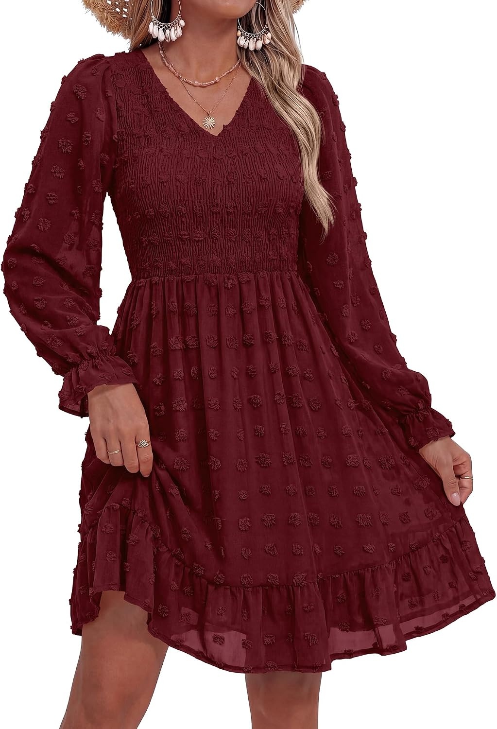 image:imageBTFBM Womens Swiss Dot Flowy Long Sleeve DressWine Red