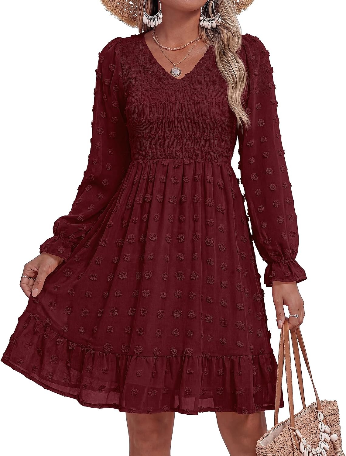 image:imageBTFBM Womens Swiss Dot Flowy Long Sleeve DressWine Red