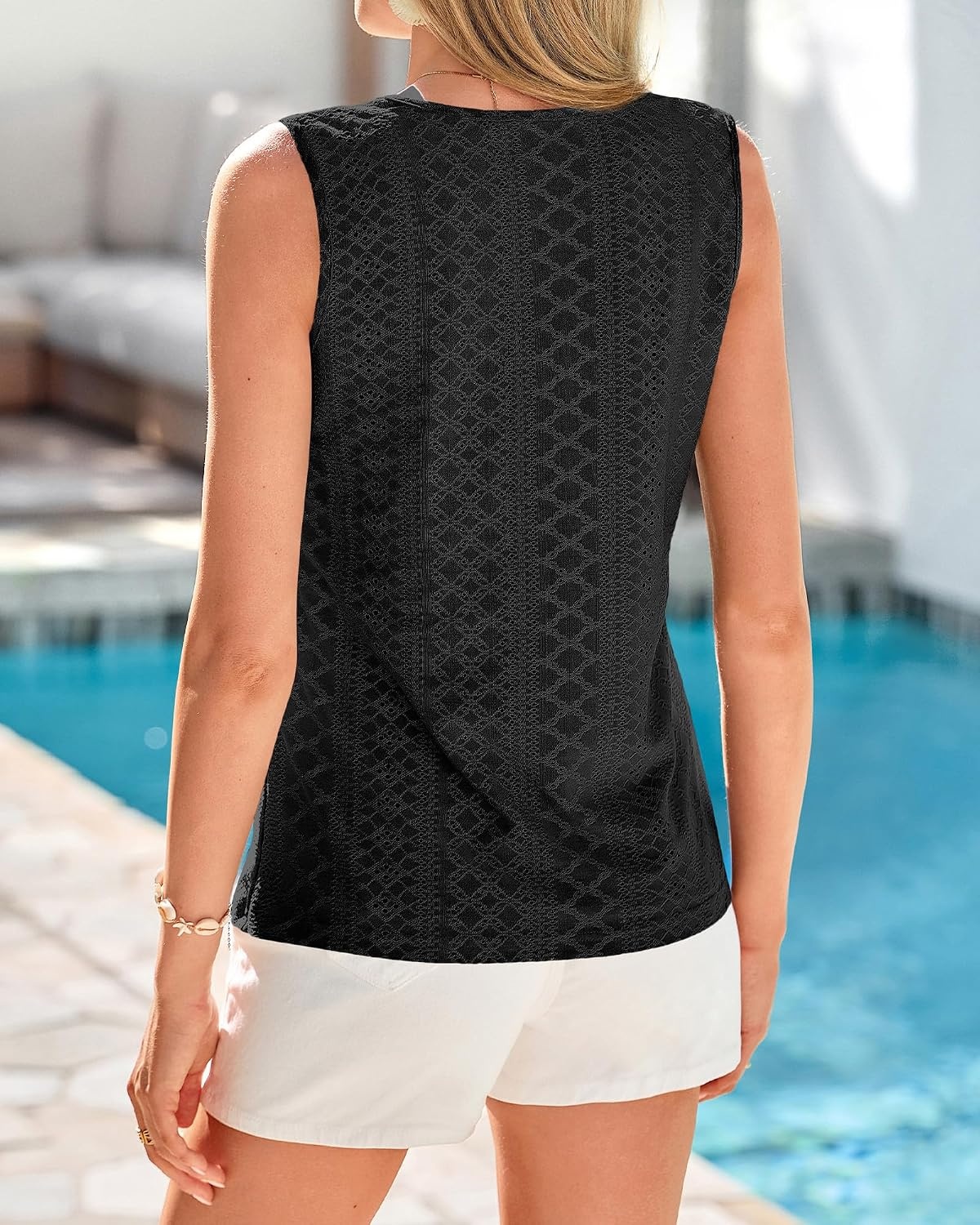 image:imageBTFBM Womens Tank Tops 2026 Summer Casual Loose Eyelet V Neck Sleeveless Shirts Basic Spring Top Beach Vacation ClothesBlack