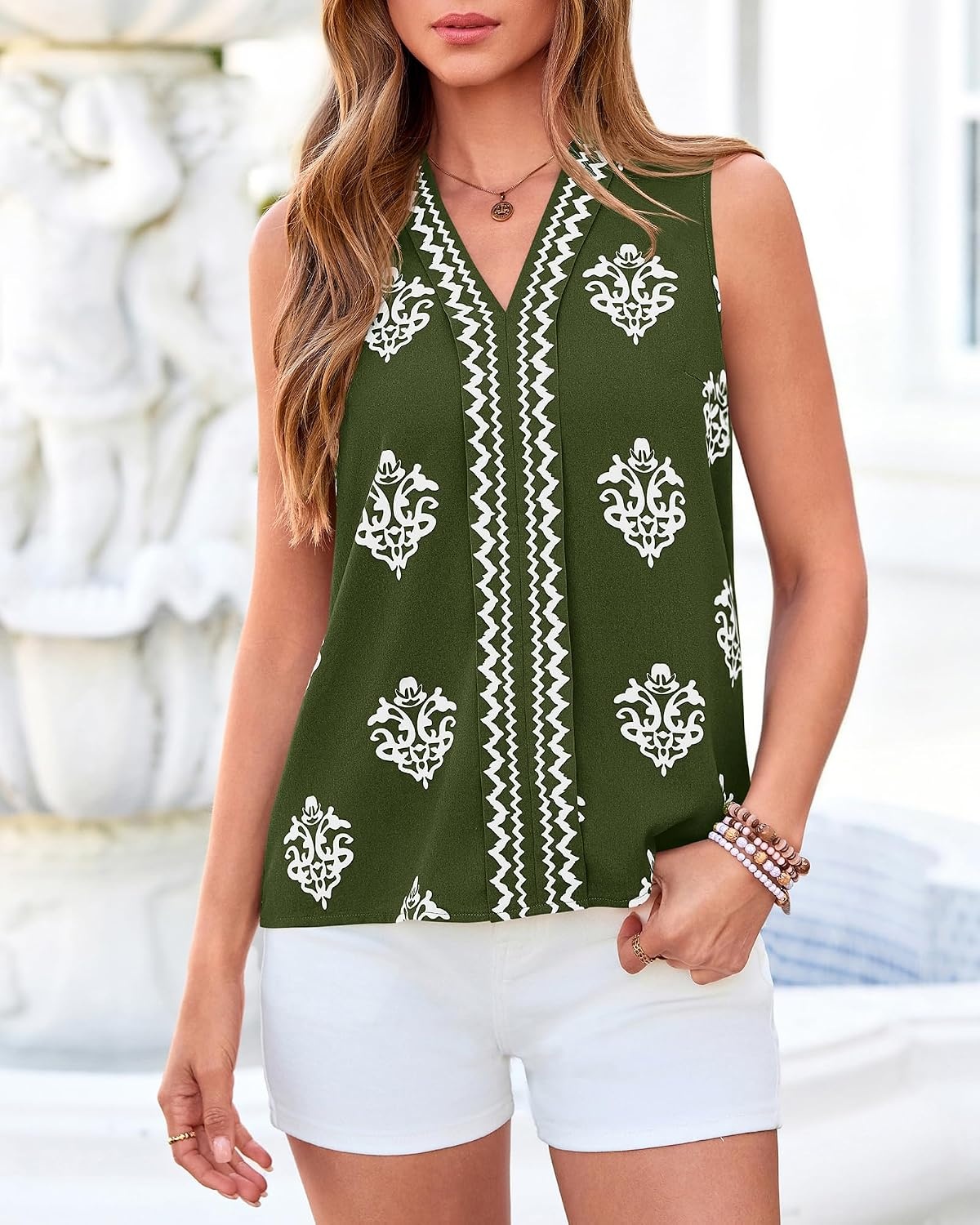 image:imageBTFBM Womens Tank Tops Floral Printed V Neck Sleeveless TopArmy Green
