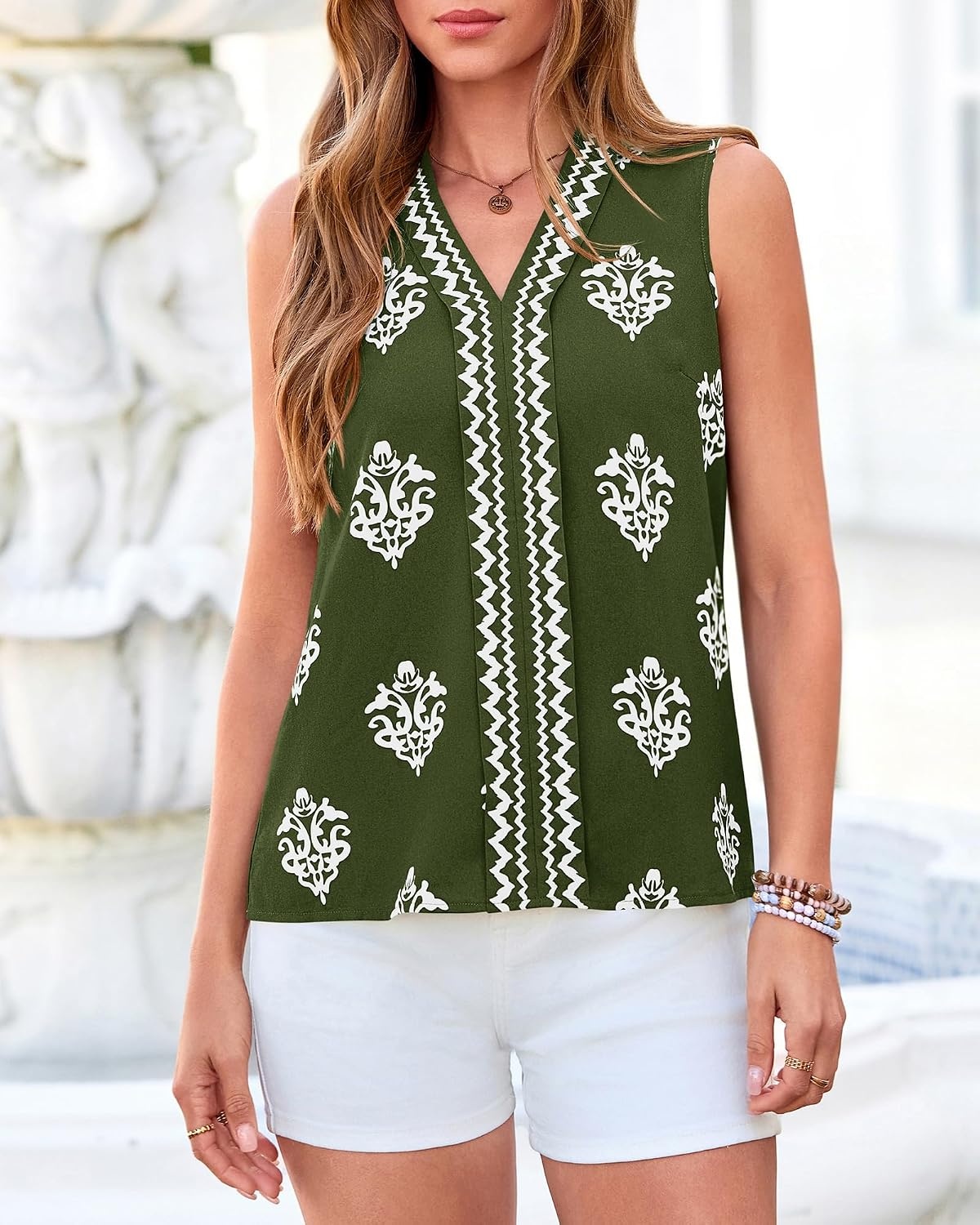 image:imageBTFBM Womens Tank Tops Floral Printed V Neck Sleeveless TopArmy Green