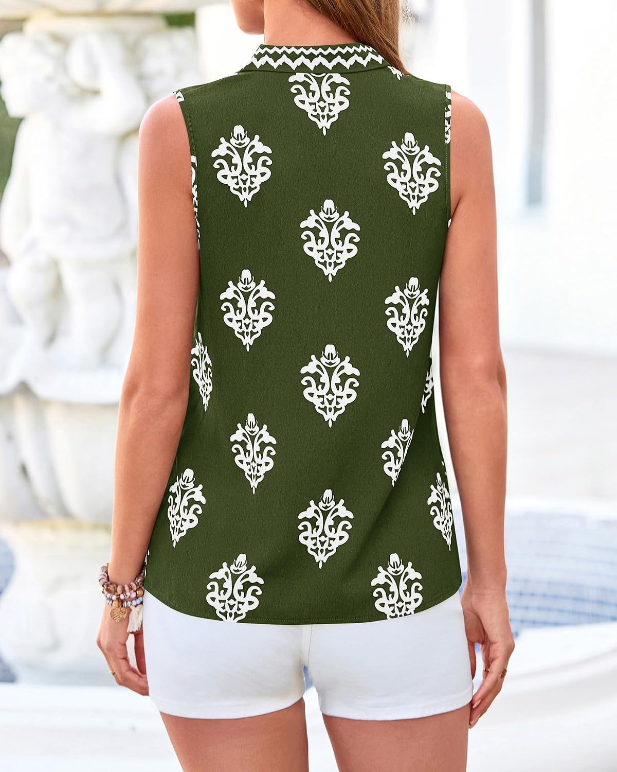 image:imageBTFBM Womens Tank Tops Floral Printed V Neck Sleeveless TopArmy Green