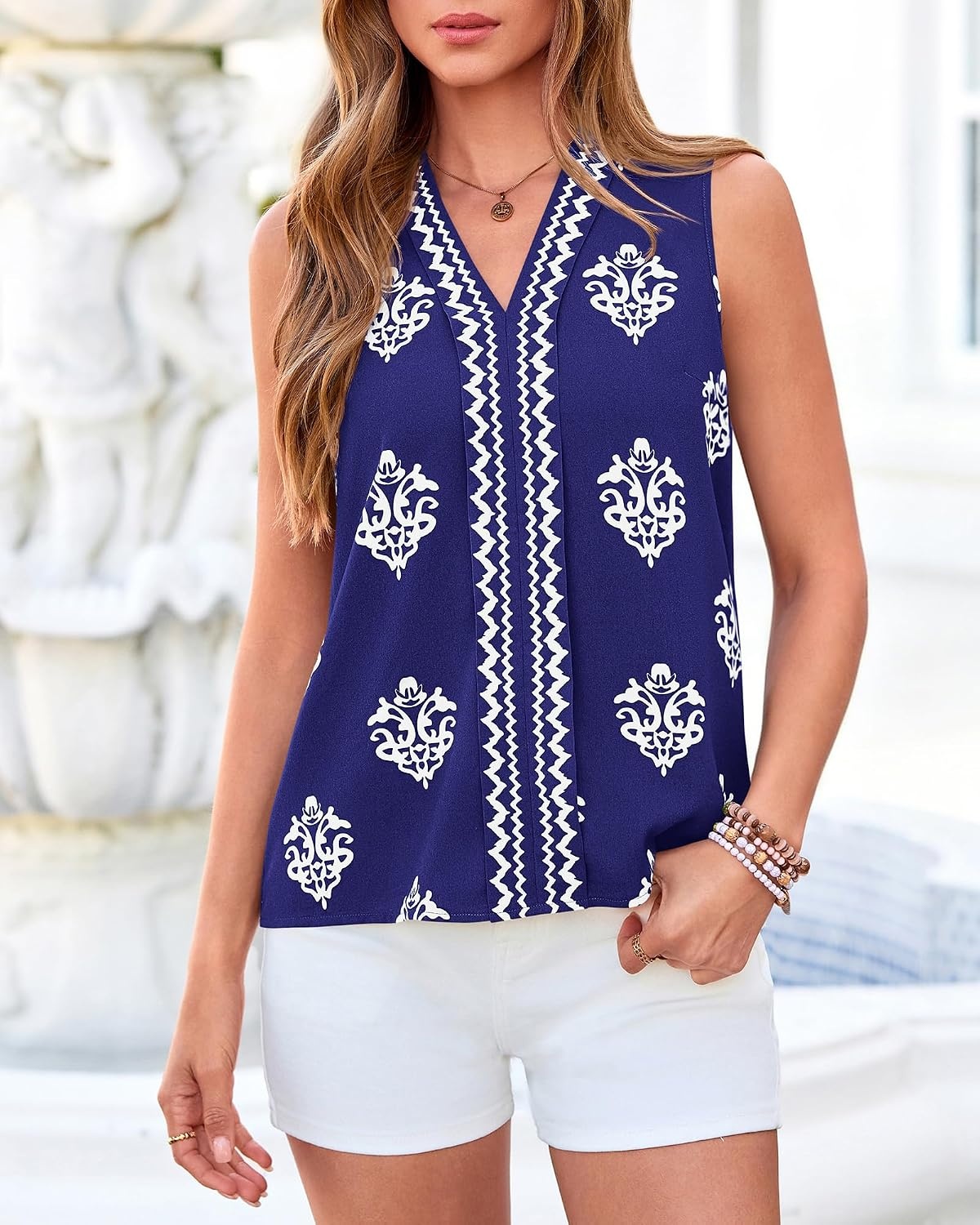 image:imageBTFBM Womens Tank Tops Floral Printed V Neck Sleeveless TopRoyal Blue
