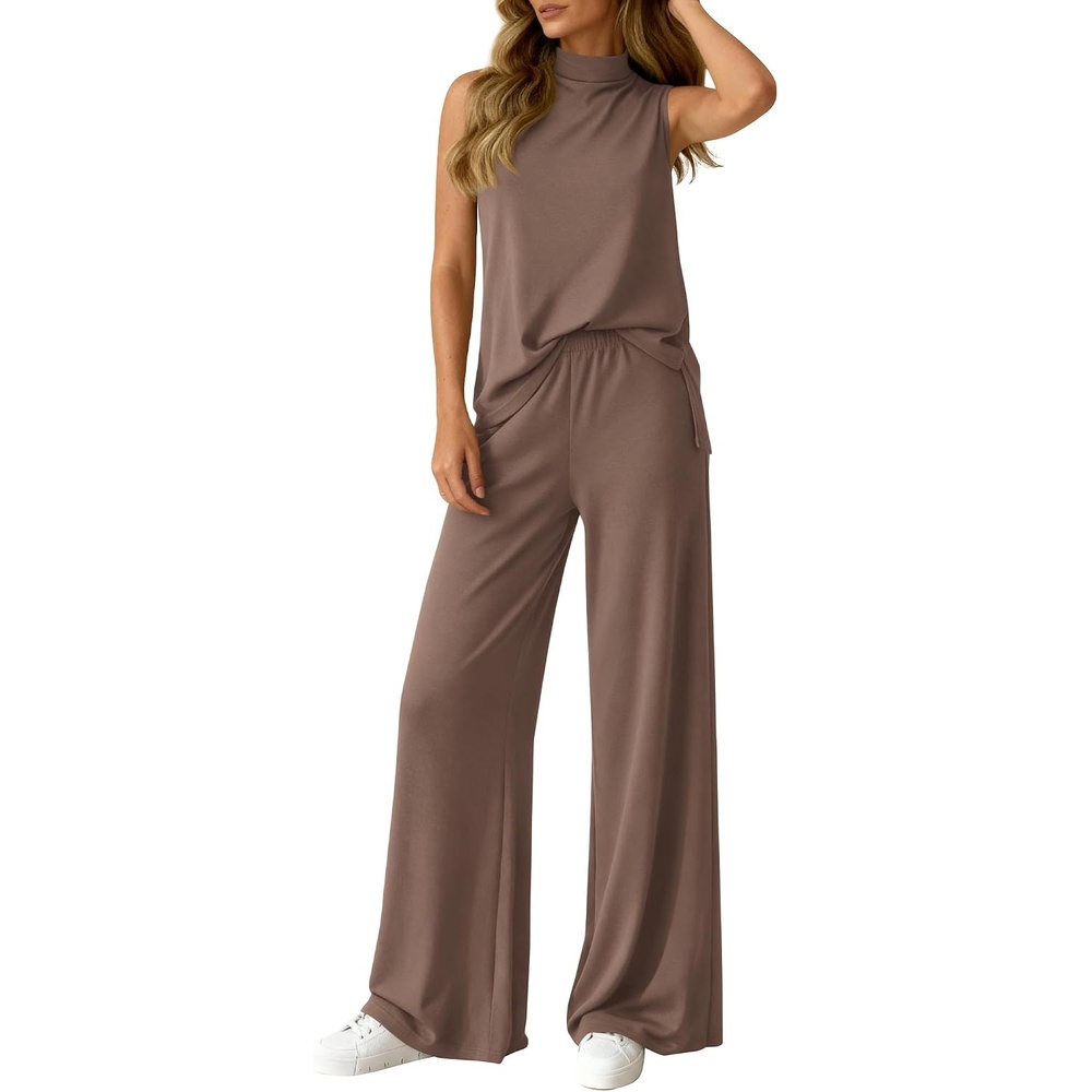 image:imageBTFBM 2 Piece Outfits For Women Airport Travel Summer 2026 Loose Mock Neck Sleeveless Wide Leg Pants Workout Lounge SetsKhaki