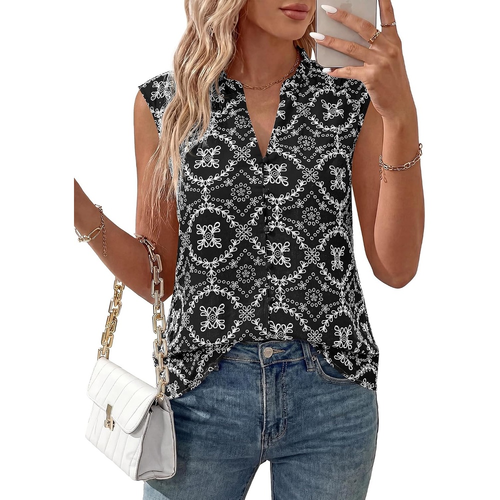 image:imageBTFBM Boho Tops for Women Summer Outfits Eyelet Embroidered Sleeveless Button Down Shirts Beach Vacation Clothes 2026Black