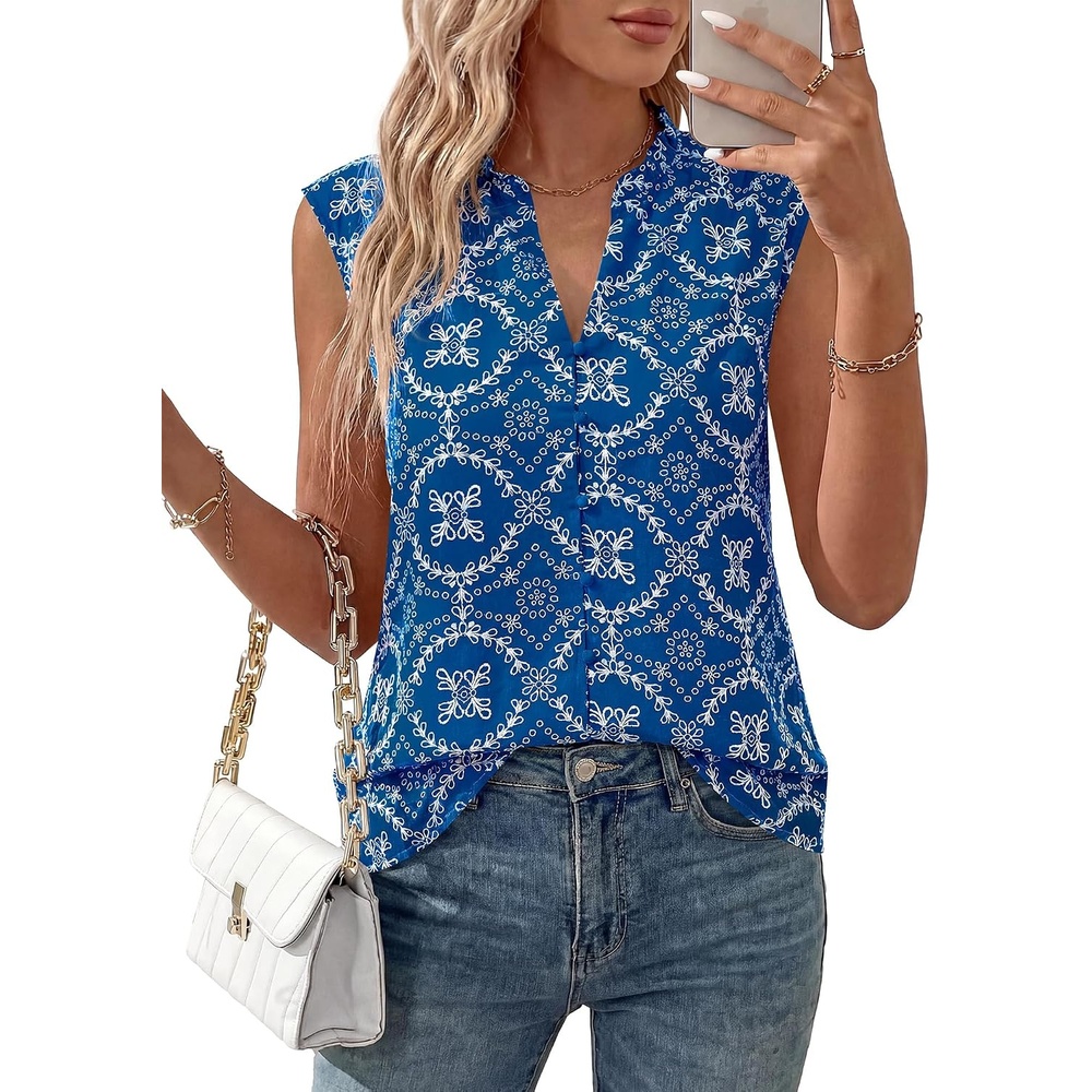image:imageBTFBM Boho Tops for Women Summer Outfits Eyelet Embroidered Sleeveless Button Down Shirts Beach Vacation Clothes 2026Blue