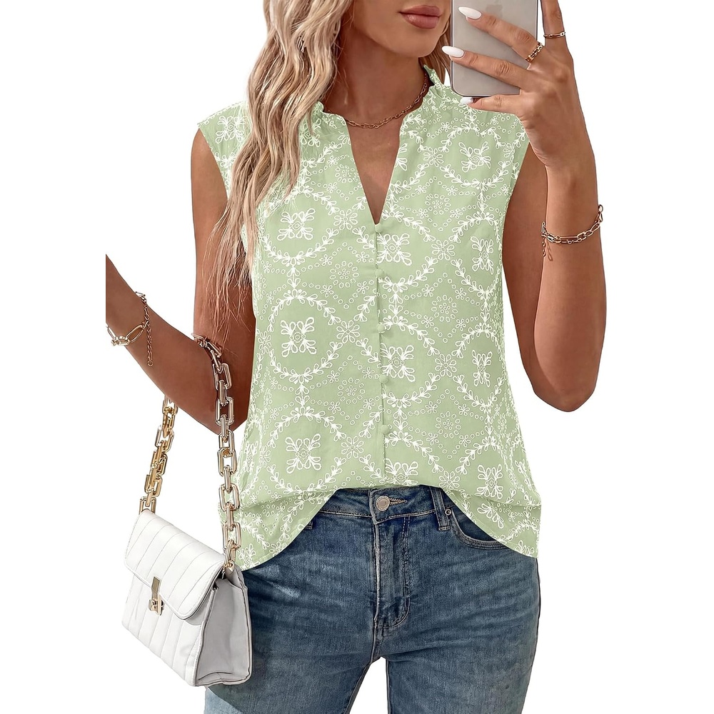 image:imageBTFBM Boho Tops for Women Summer Outfits Eyelet Embroidered Sleeveless Button Down Shirts Beach Vacation Clothes 2026Light Green