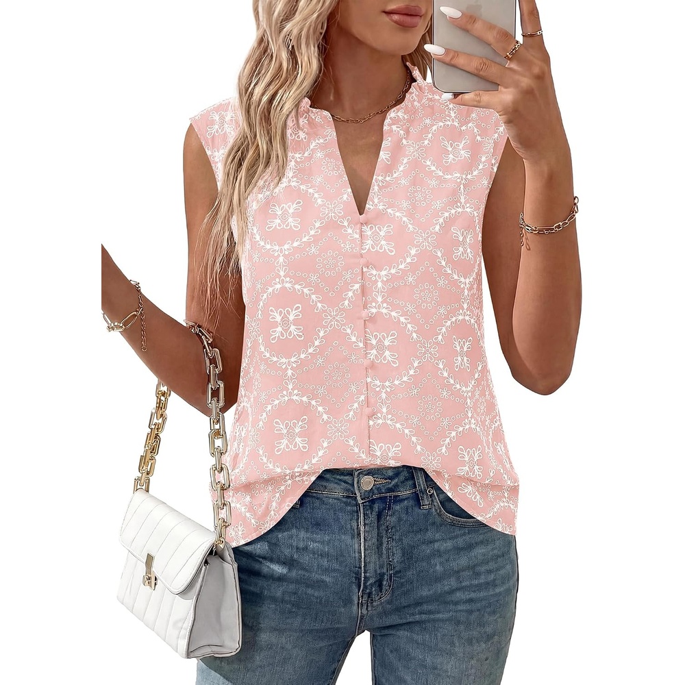 image:imageBTFBM Boho Tops for Women Summer Outfits Eyelet Embroidered Sleeveless Button Down Shirts Beach Vacation Clothes 2026Pink