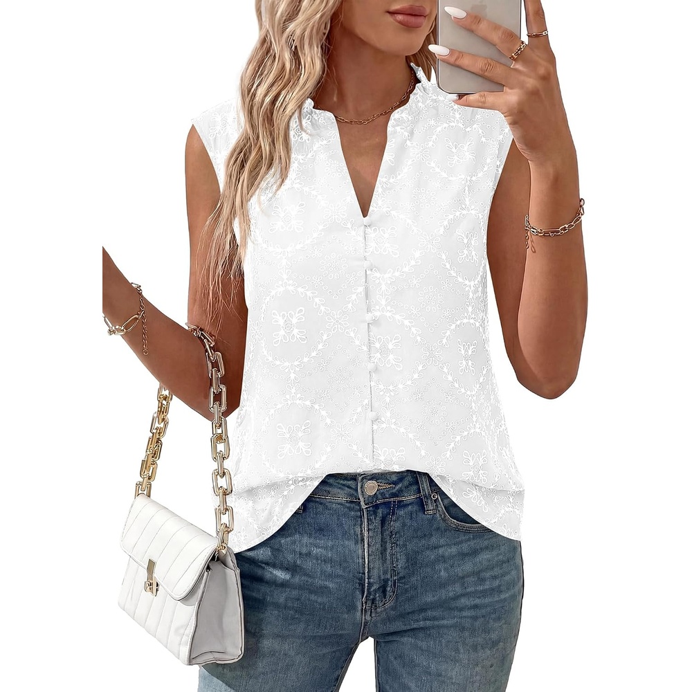 image:imageBTFBM Boho Tops for Women Summer Outfits Eyelet Embroidered Sleeveless Button Down Shirts Beach Vacation Clothes 2026White