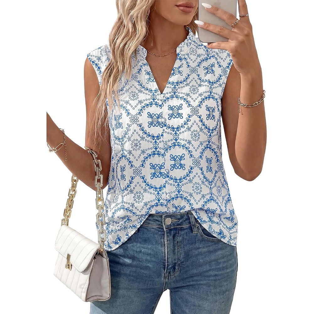 image:imageBTFBM Boho Tops for Women Summer Outfits Eyelet Embroidered Sleeveless Button Down Shirts Beach Vacation Clothes 2026White Blue Flower