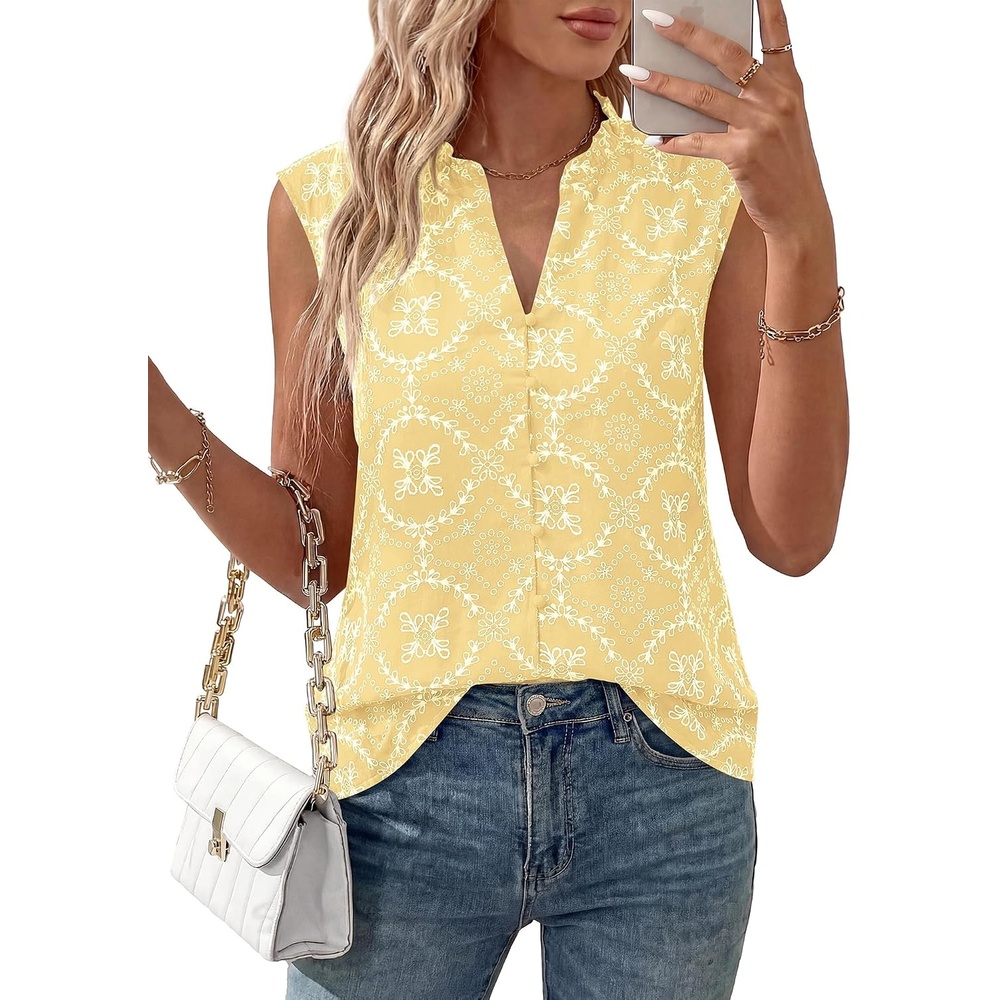 image:imageBTFBM Boho Tops for Women Summer Outfits Eyelet Embroidered Sleeveless Button Down Shirts Beach Vacation Clothes 2026Yellow