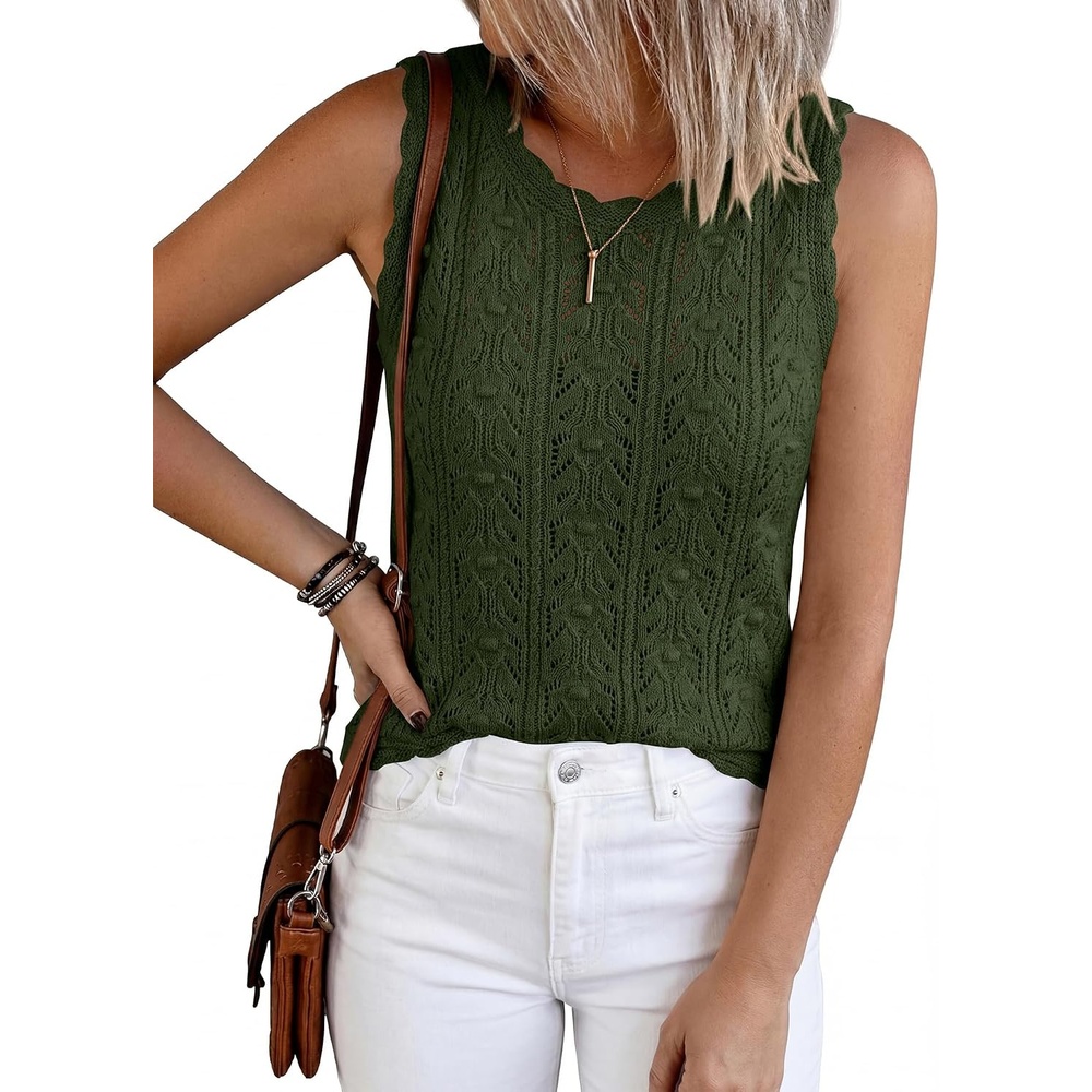 image:imageBTFBM Crochet Tank Tops for Women Loose Sweater VestArmy Green