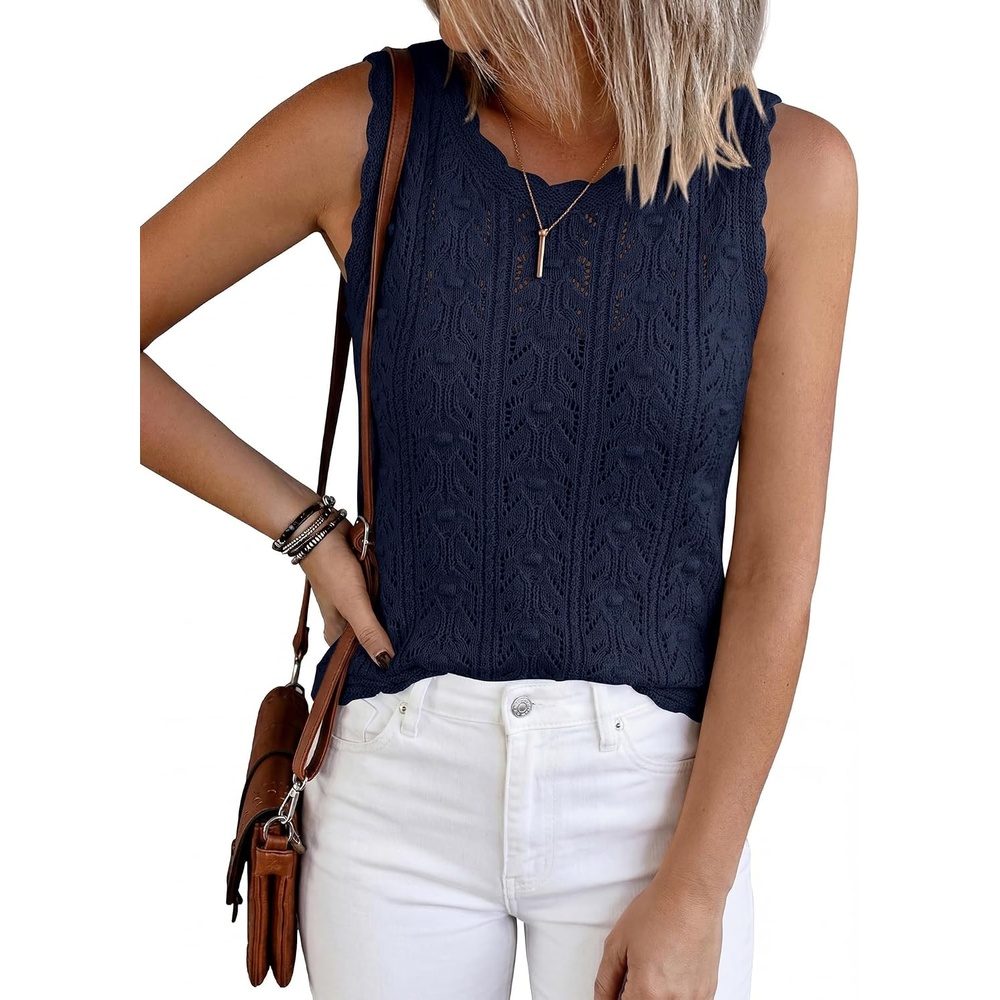 image:imageBTFBM Crochet Tank Tops for Women Loose Sweater VestNavy Blue