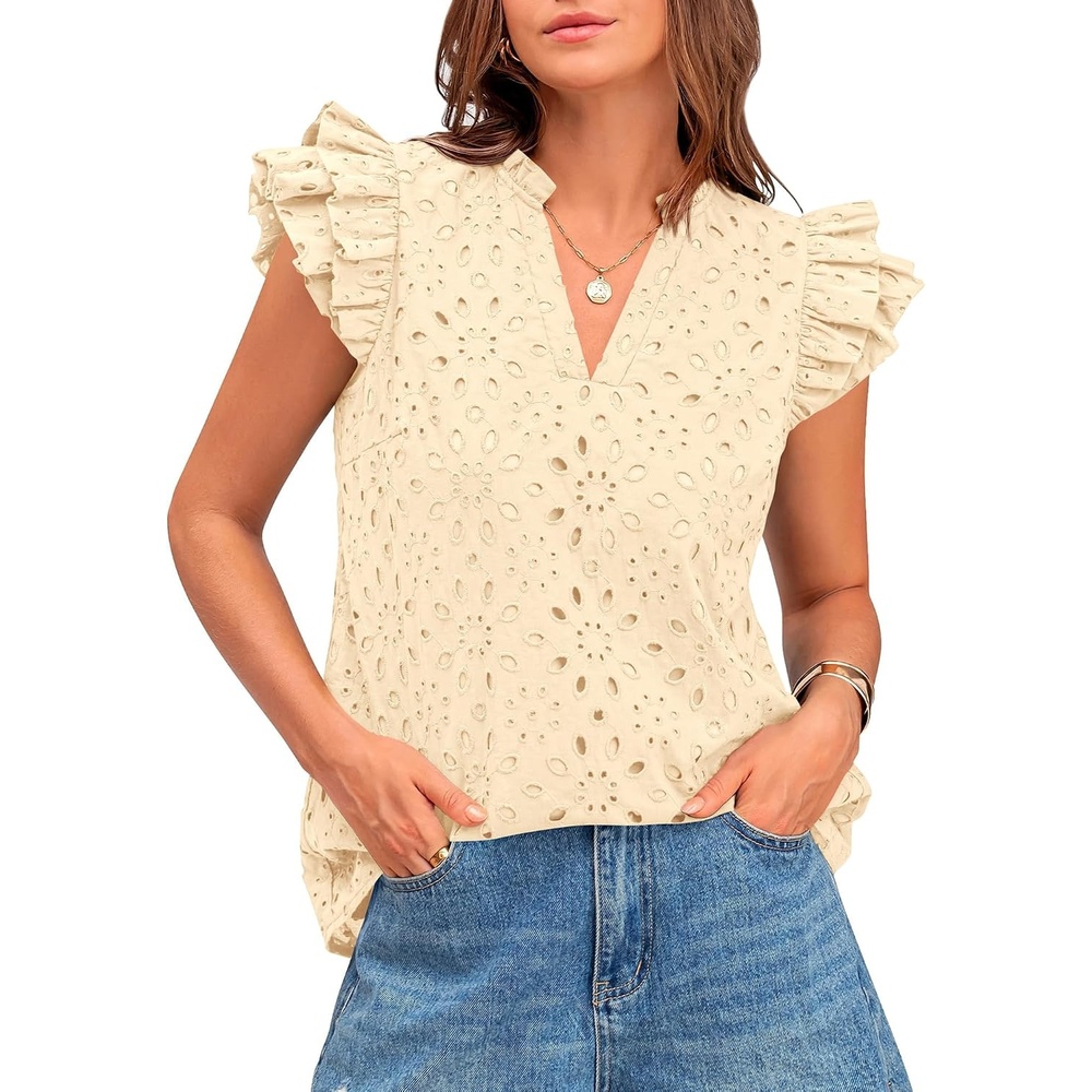 image:imageBTFBM Eyelet Tops for Women Dressy Casual Embroidered ShirtBeige