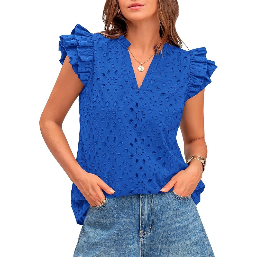 image:imageBTFBM Eyelet Tops for Women Dressy Casual Embroidered ShirtBlue